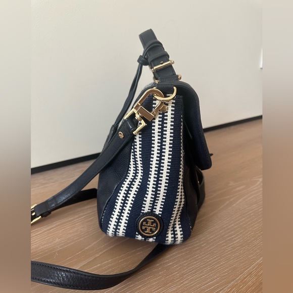 TORY BURCH Medium 797 Satchel | Navy Blue & Cream Woven Satchel - Picture 9 of 12
